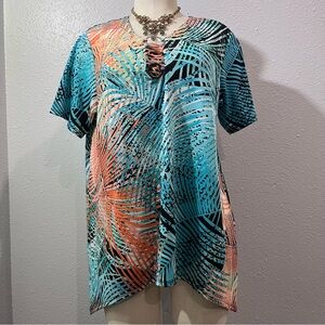 Bon worth Tropical Palm Print Short-Sleeve Women’s Top in Aqua & Coral Sz Small